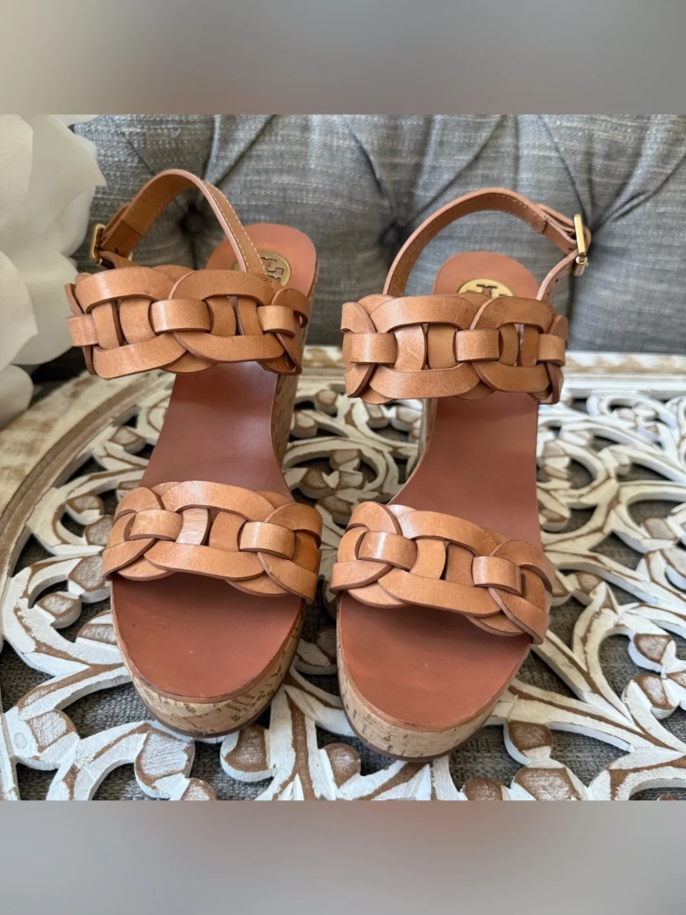 Tory Burch Tan Woven Leather Cork Wedge Sandals Shoes Women’s 8.5